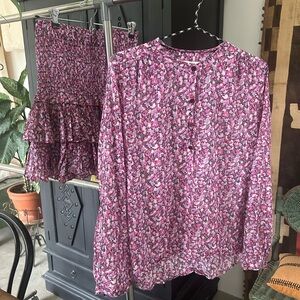 Étoile Isabel Marant Floral Pink Blouse Elastic Ruffle Mini Skirt Set Size EU 36